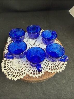 Cobalt Blue Pressed Glass Cups - Set of 6